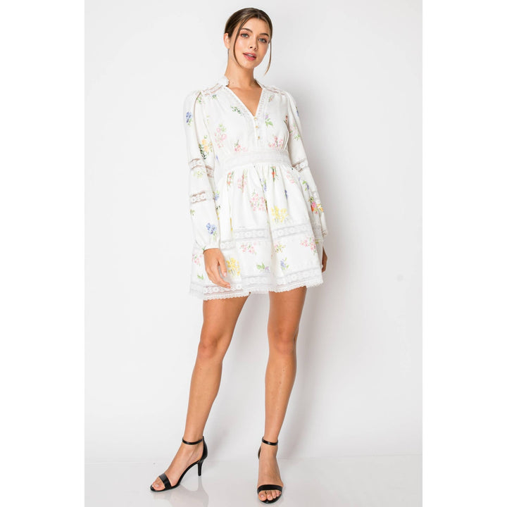 Long Sleeve Froral Print Lace Trim Mini Dress: WHITE / S