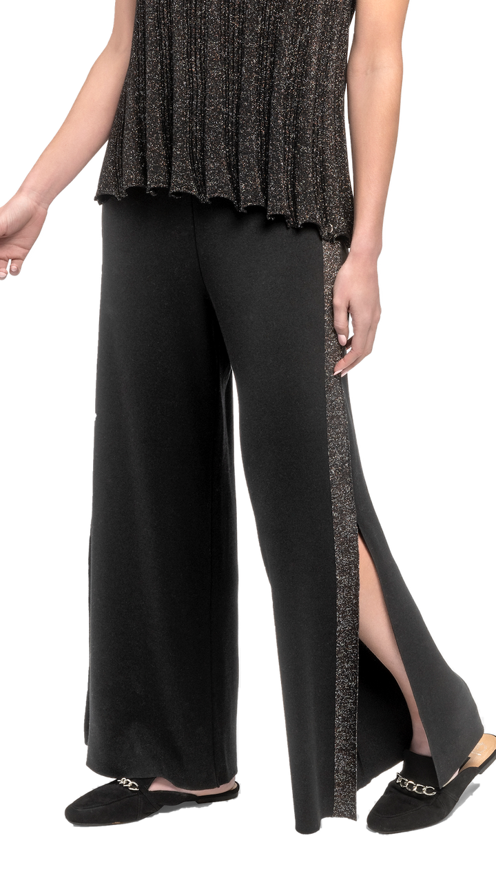 Tracey Wide Leg Milano-knit Pants with Shimmery Side Stripe and a Slit; Black/Black Shimmer