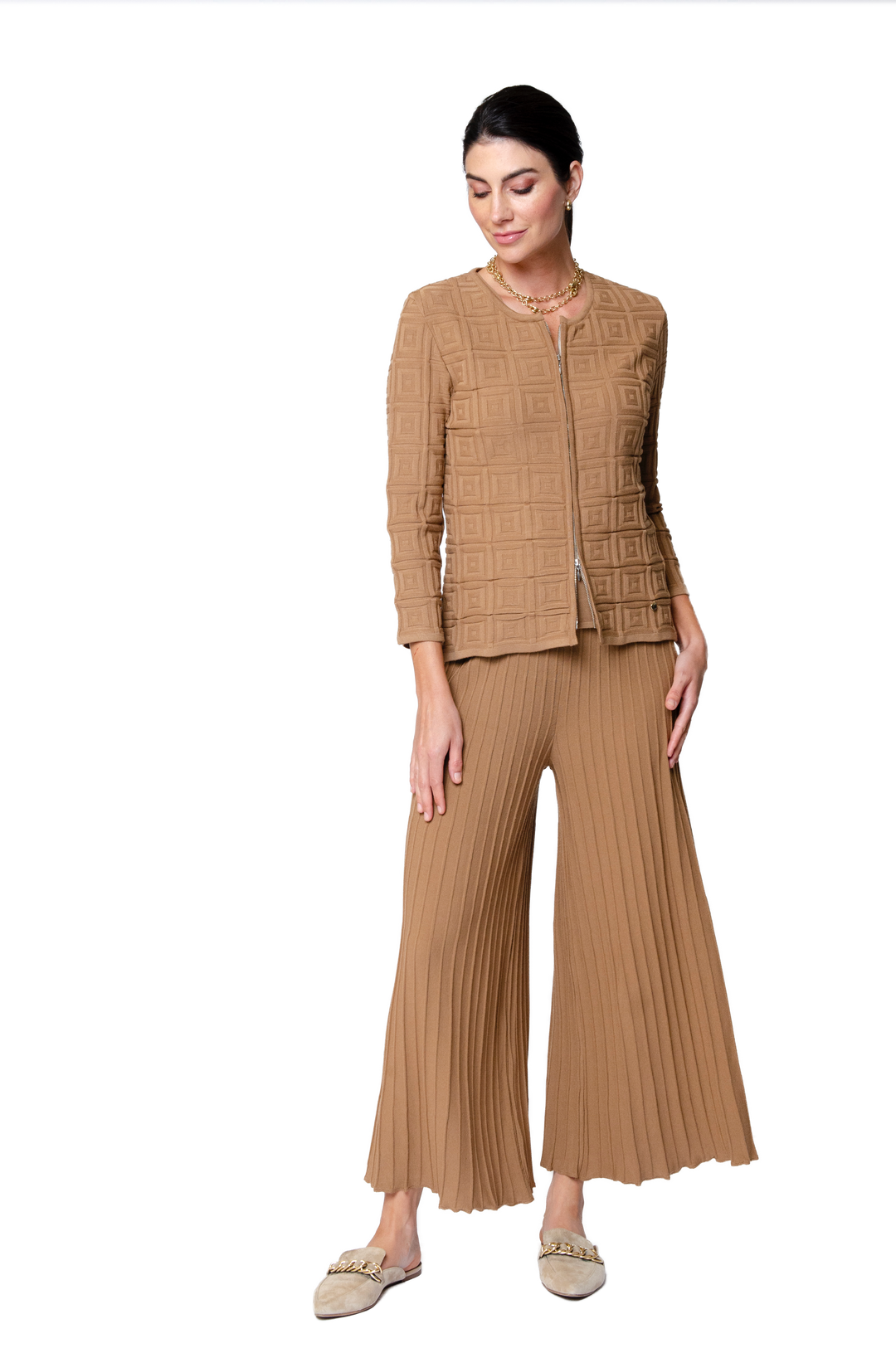 Giuliana Plisse-Look Cropped Wide Leg Pants; Mocha