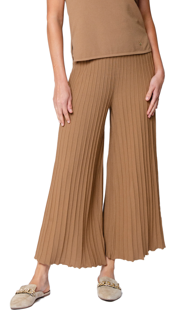 Giuliana Plisse-Look Cropped Wide Leg Pants; Mocha