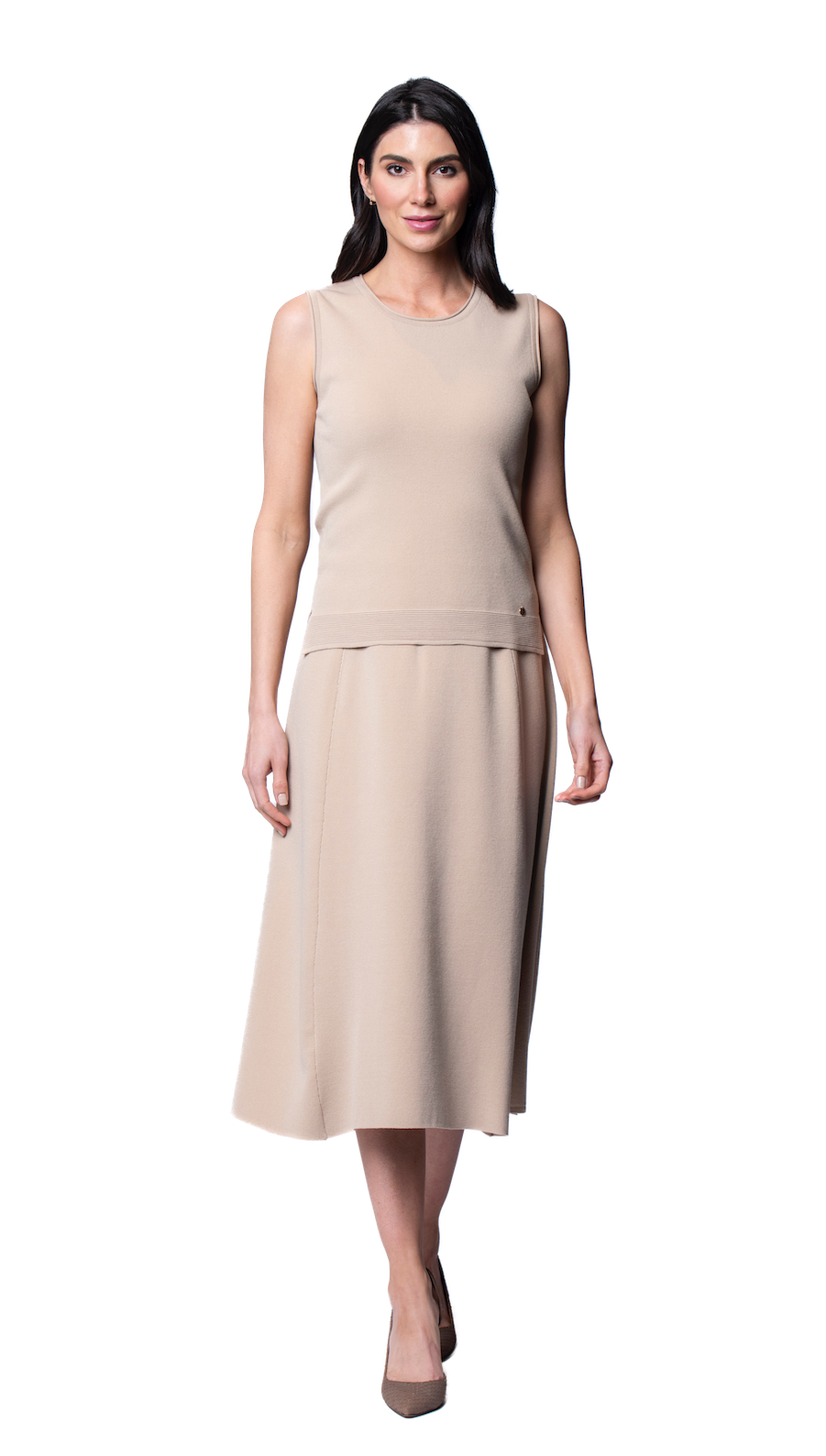 Natalie Milano-Knit A-Line Midi Skirt; Warm Beige