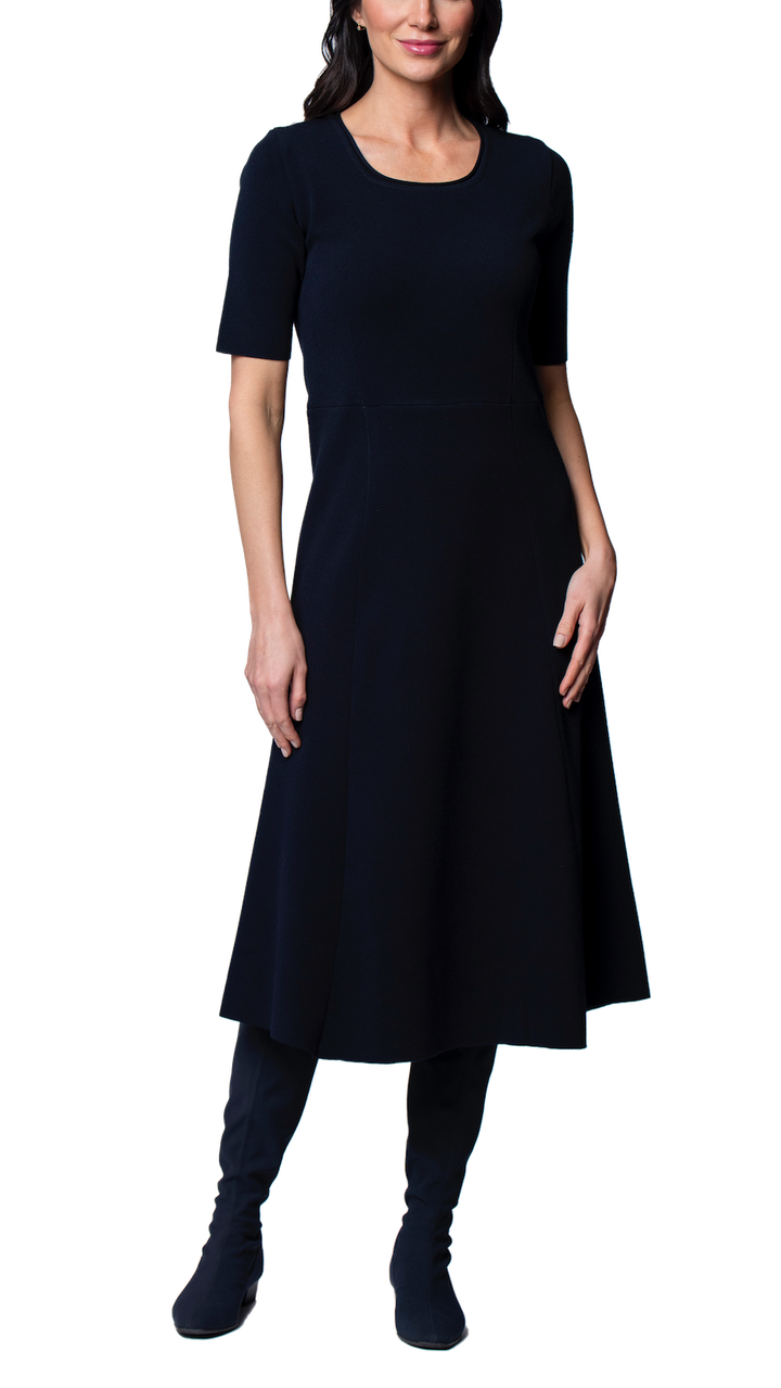 Nora Milano Knit Short Sleeved Fit-And-Flare Midi Dress; Dark Navy