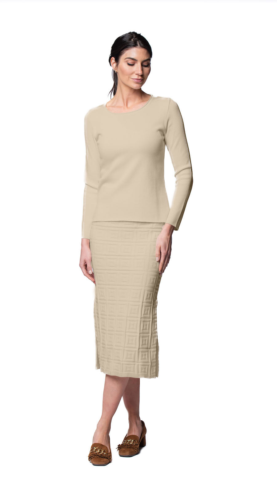 Sabrina Square Pattern Midi Straight Skirt; Warm Beige