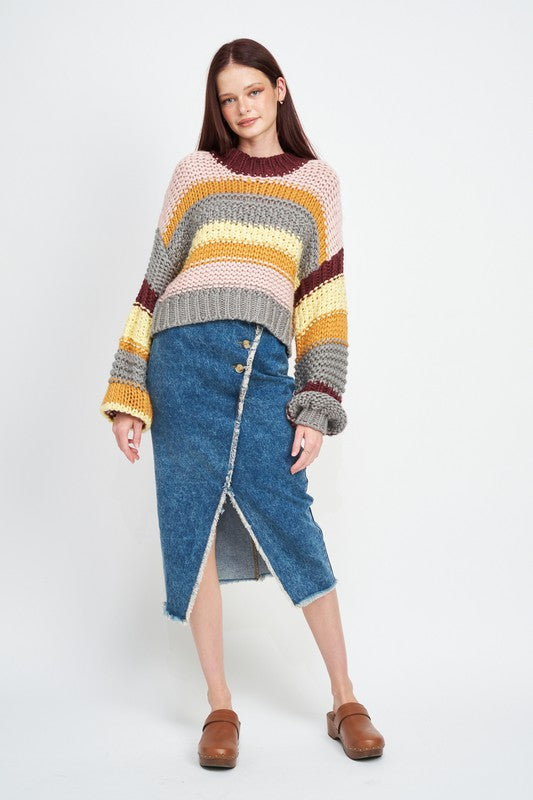 MULTI STRIPED SWEATER WITH MOCK NECK