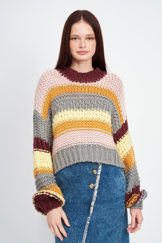 MULTI STRIPED SWEATER WITH MOCK NECK