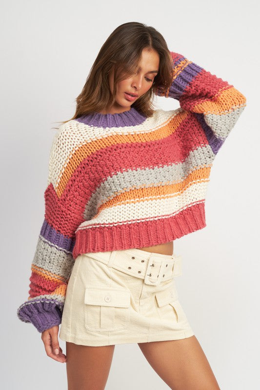 MULTI STRIPED SWEATER WITH MOCK NECK