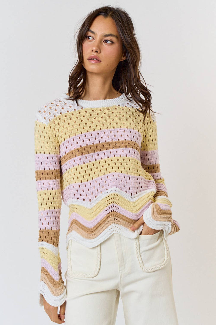 ILT3322 MULTI COLOR SWEATER TOP WITH SCALLOP HEM DETAIL: SKY-KIWI / M