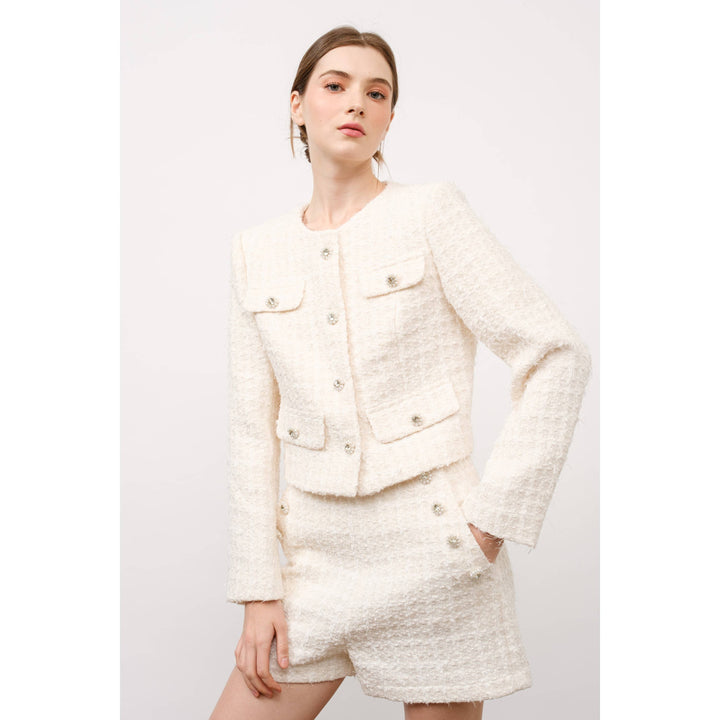 Textured Tweed Jeweled Button Crop Jacket: PINK / L