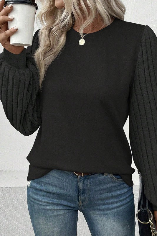 Contrast Ribbed Bishop Sleeve Top