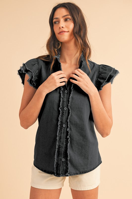 Button Front Ruffled Flutter Frayed Denim Top