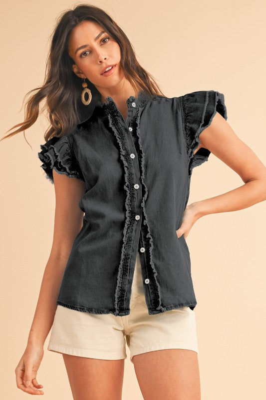 Button Front Ruffled Flutter Frayed Denim Top