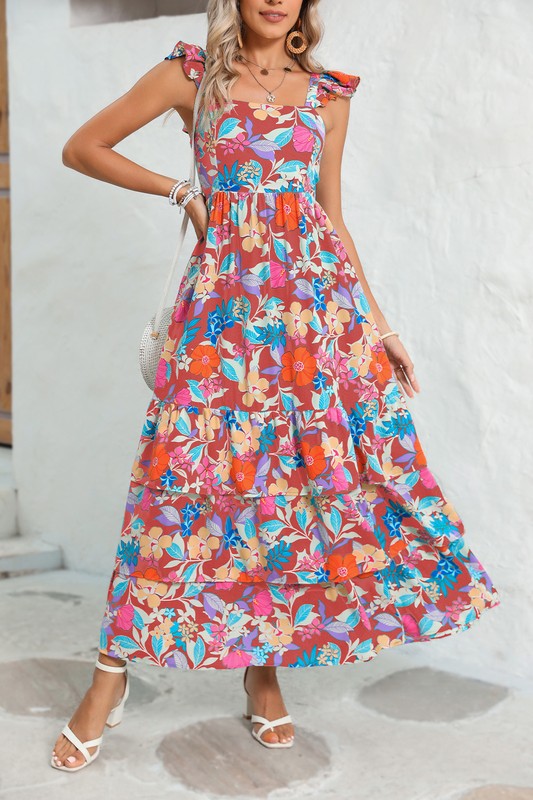 Boho Floral Ruffle Sleeveless Tiered Maxi Dress