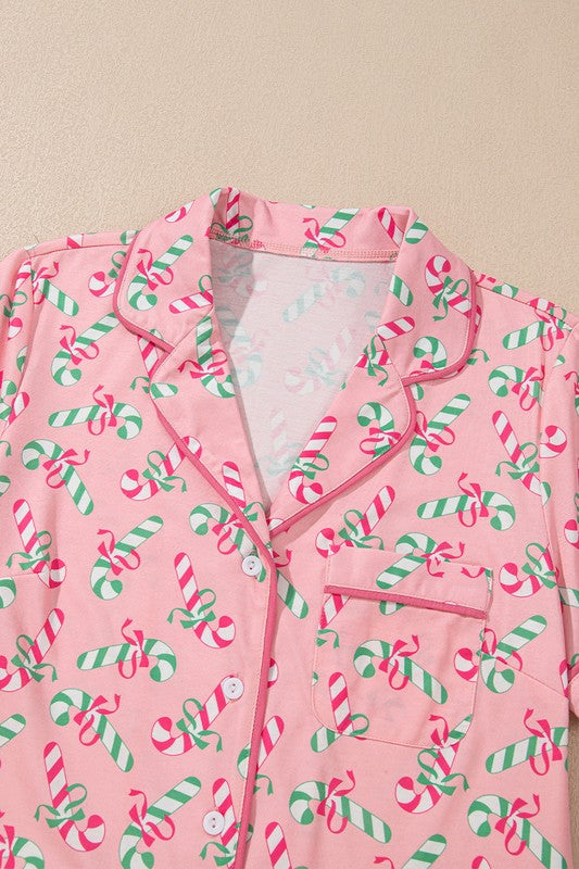 Christmas Candy Cane Print Knotted Pajama Set