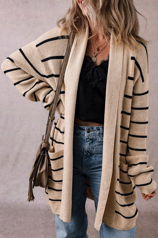 Stripe Side Pockets Open Front Cardigan