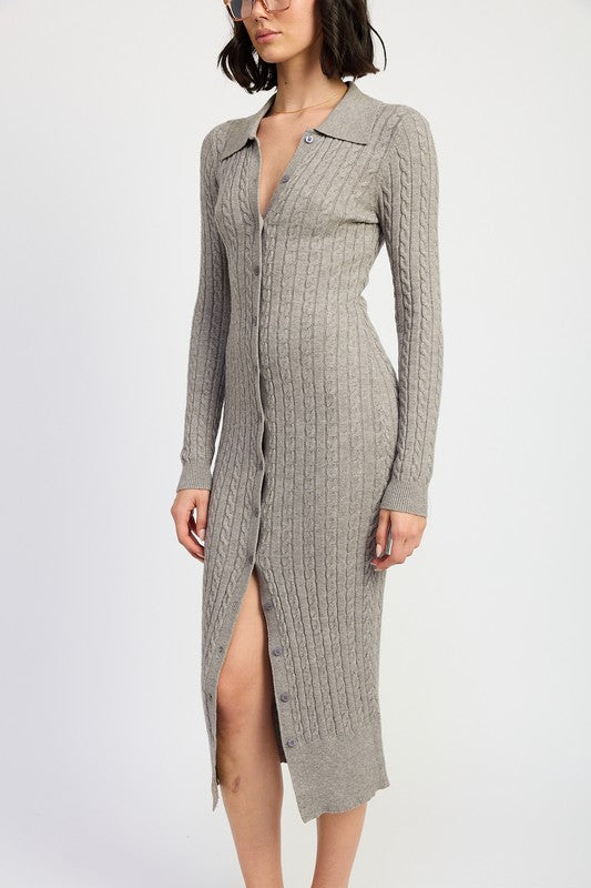 BUTTONED LONG SLEEVE CABLE KNIT DRESS