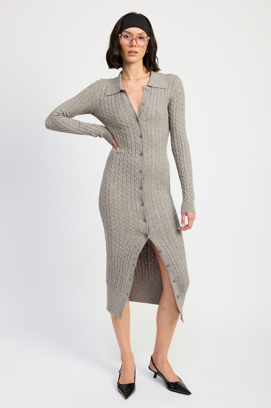 BUTTONED LONG SLEEVE CABLE KNIT DRESS