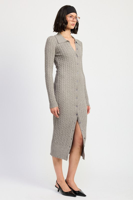 BUTTONED LONG SLEEVE CABLE KNIT DRESS