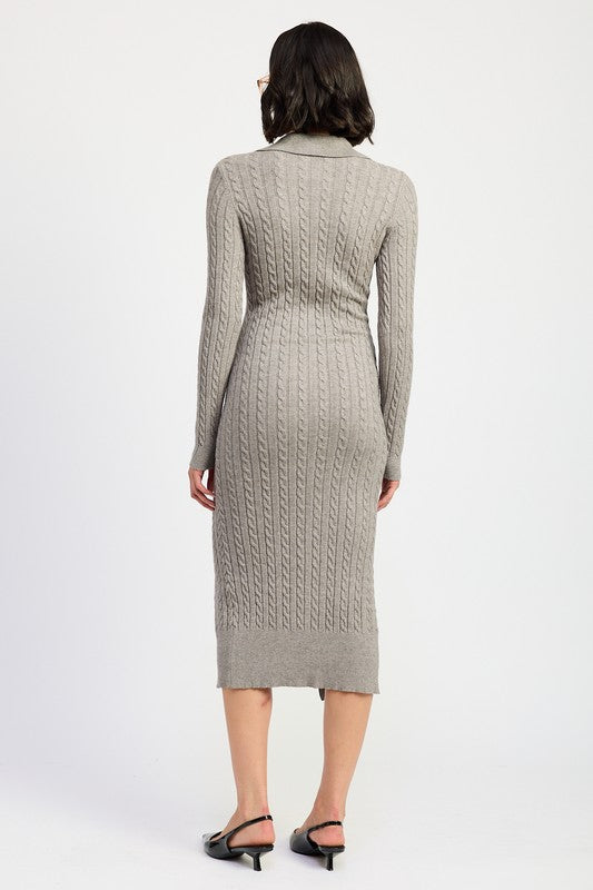 BUTTONED LONG SLEEVE CABLE KNIT DRESS