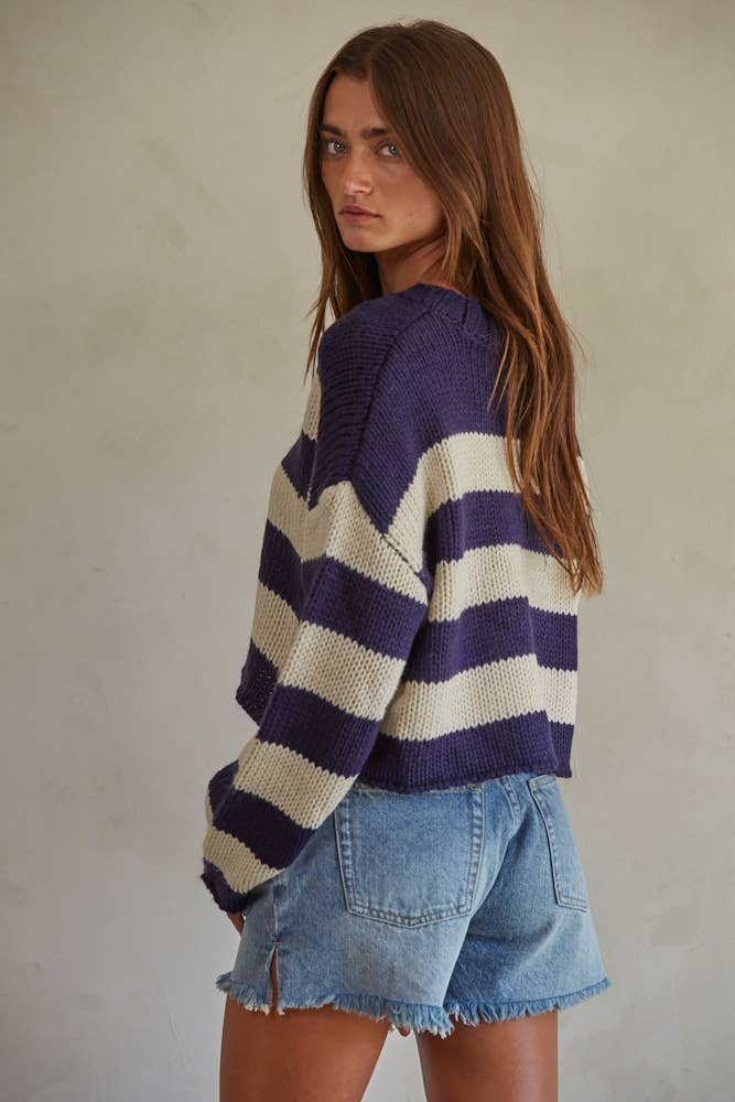 W1690 | Knit Acrylic Sweater Striped Crew Neck Pullover: Navy Cream / S