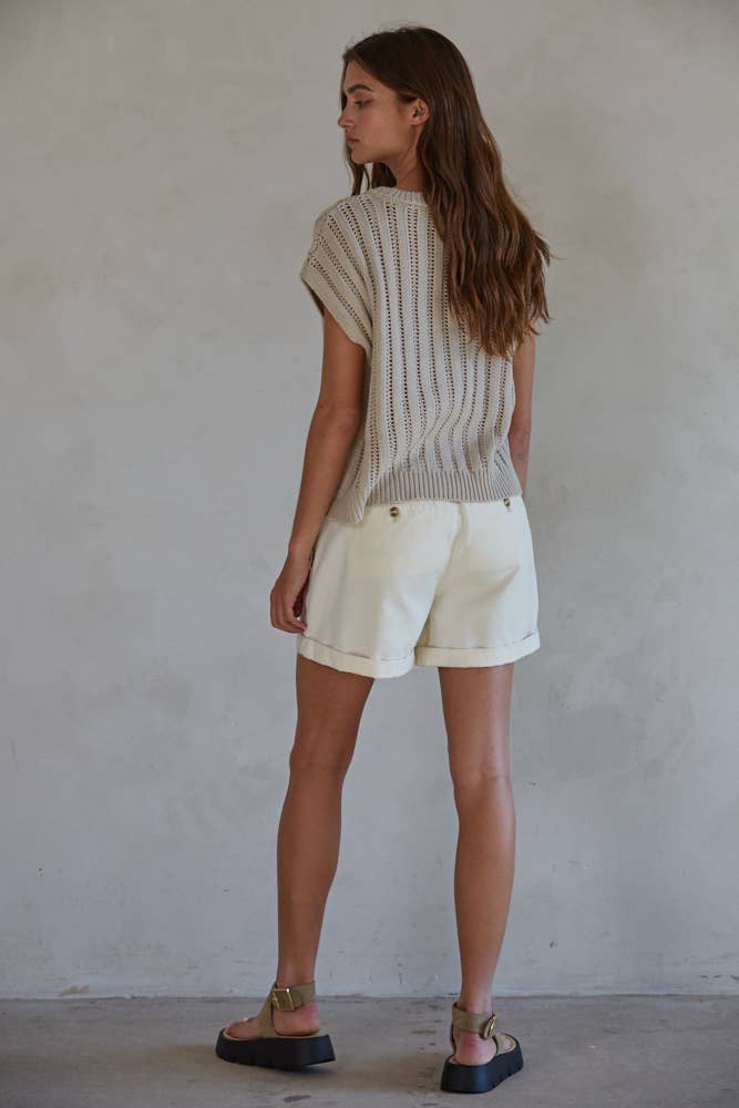 W1503 | Knit Sweater Round Neck Short Sleeve Top: Taupe Grey / M