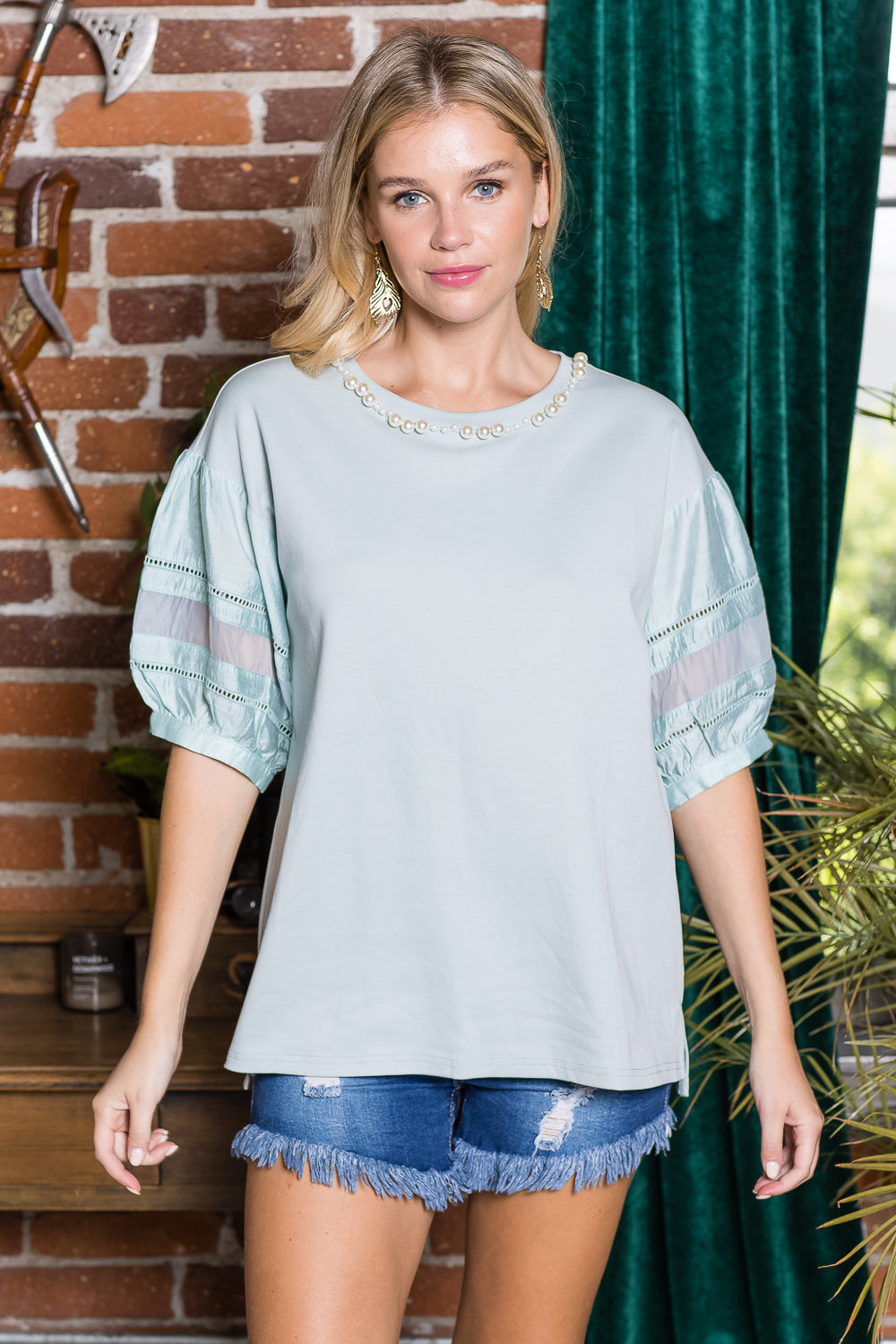 Reesa Pointe Knit Top with Pearls