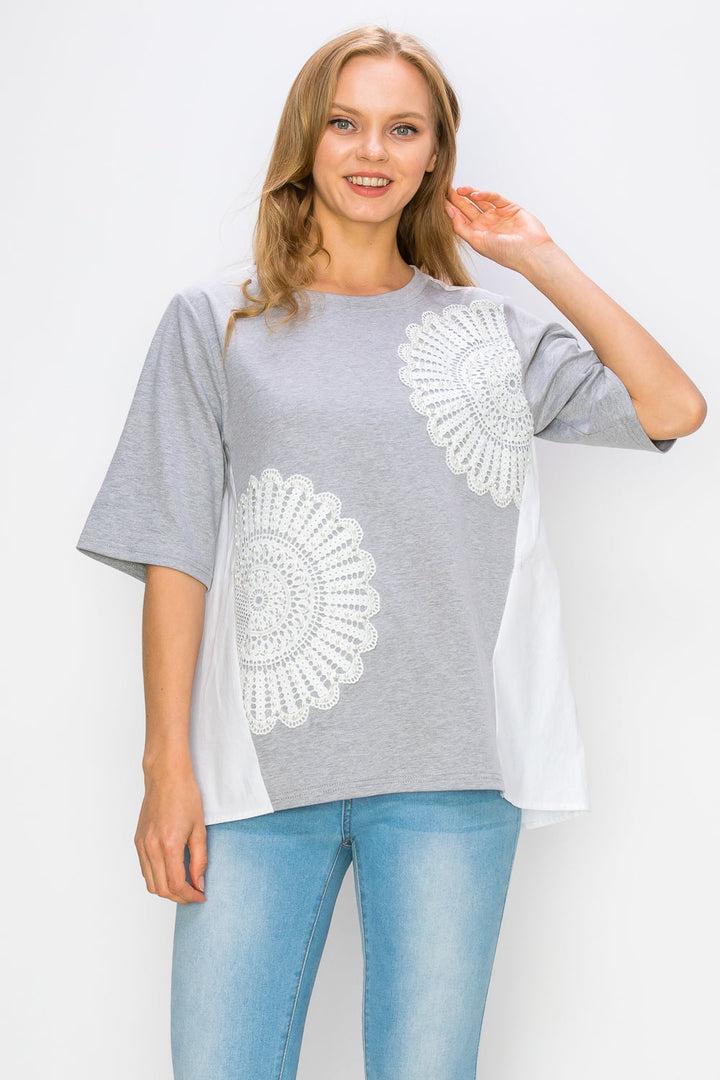 Roxi Pointe Knit Top with Lace Circled with Pearls