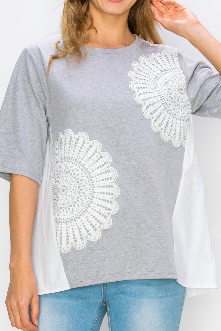 Roxi Pointe Knit Top with Lace Circled with Pearls