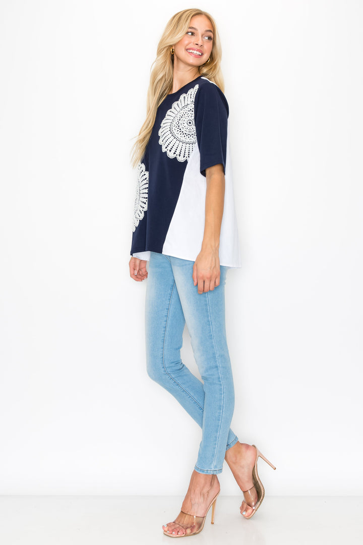 Roxi Pointe Knit Top with Lace Circled with Pearls