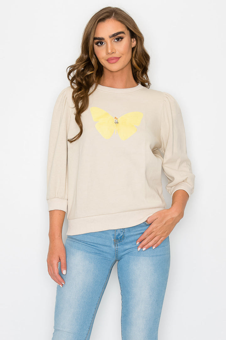 Kelsey Prima Cotton Knit Top with Diamond & Butterfly