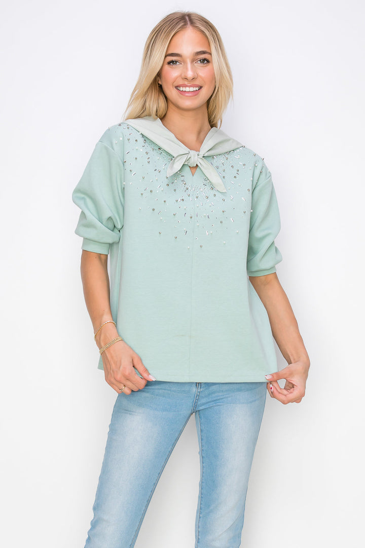 Karnie Prima Cotton Knit Top with Sparkling Studs & Detachable Hoodie