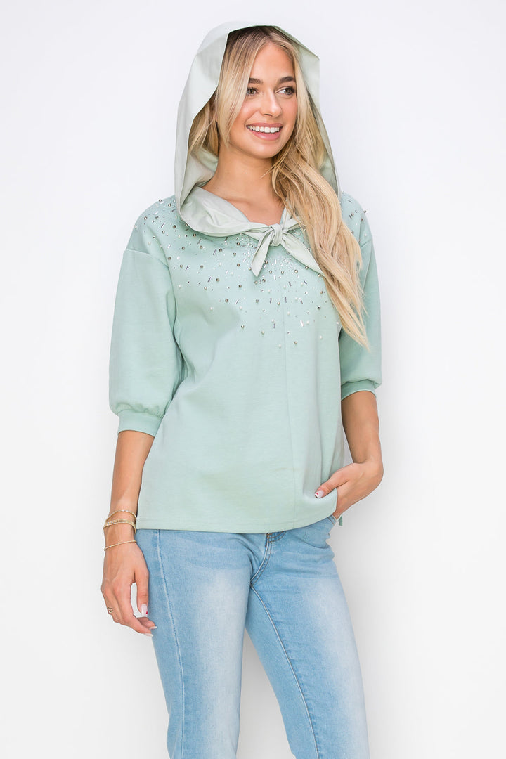 Karnie Prima Cotton Knit Top with Sparkling Studs & Detachable Hoodie