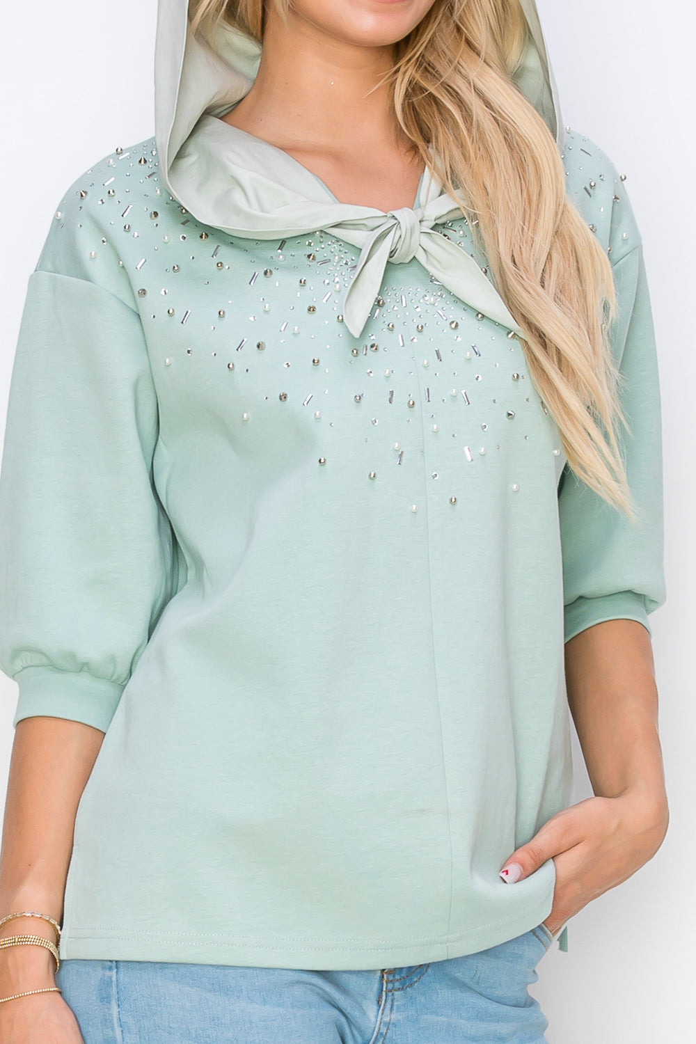 Karnie Prima Cotton Knit Top with Sparkling Studs & Detachable Hoodie