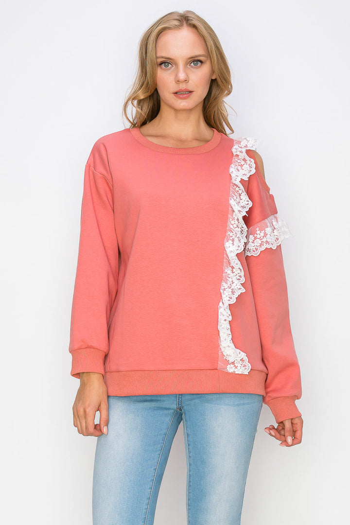 Kylie Prima Cotton Top with One-Side Open Shoulder Lace