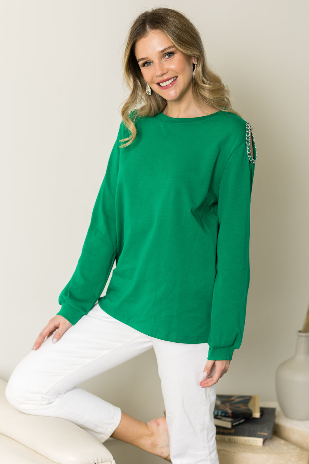 Rita Pointe Knit Top with Chain Trim Open Shoulder