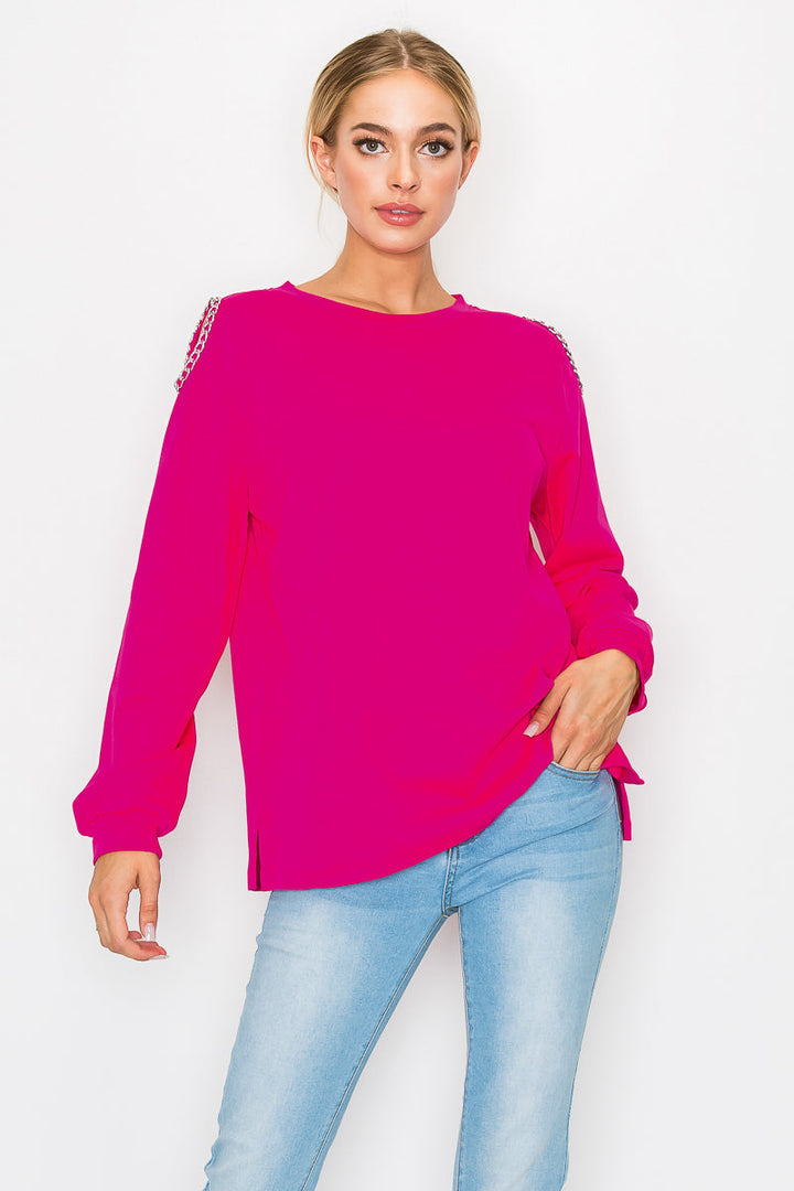 Rita Pointe Knit Top with Chain Trim Open Shoulder