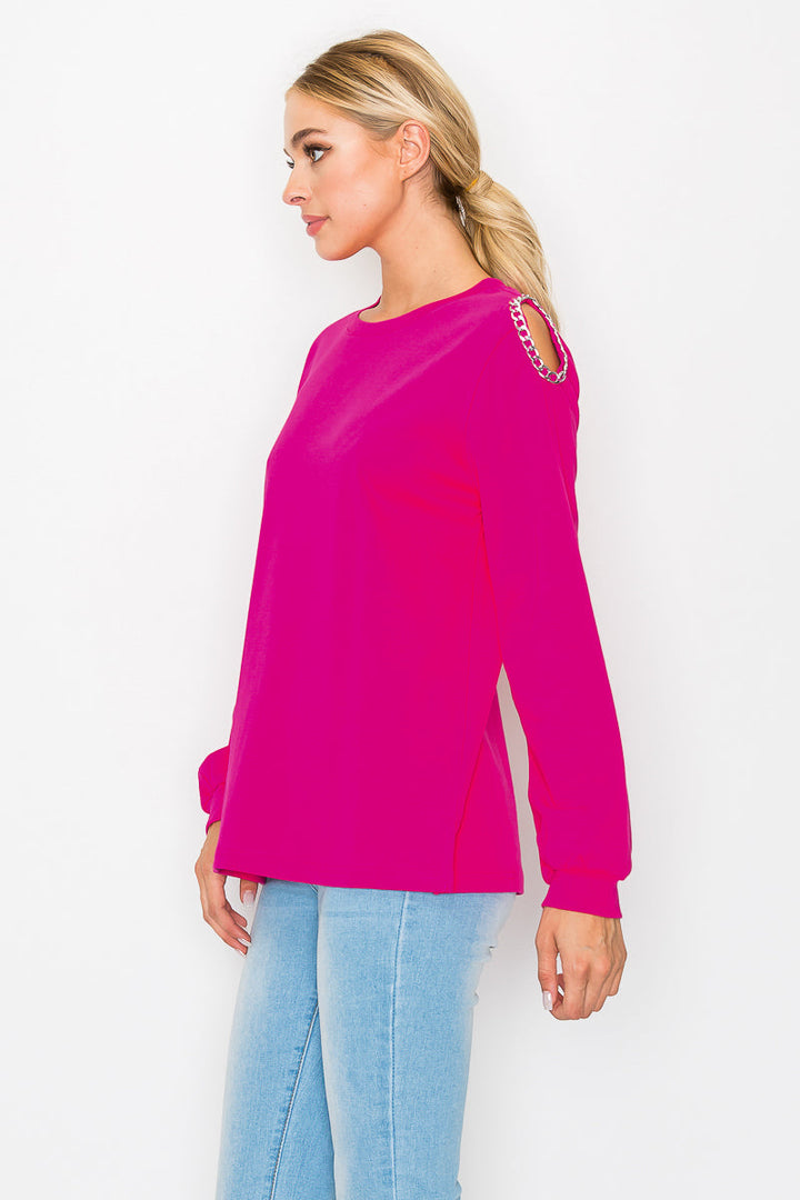 Rita Pointe Knit Top with Chain Trim Open Shoulder