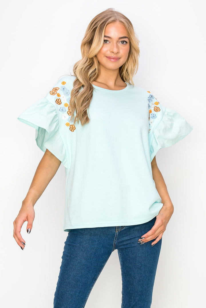 Rinnie Pointe Knit Top with Embroidered Flower Sparkles