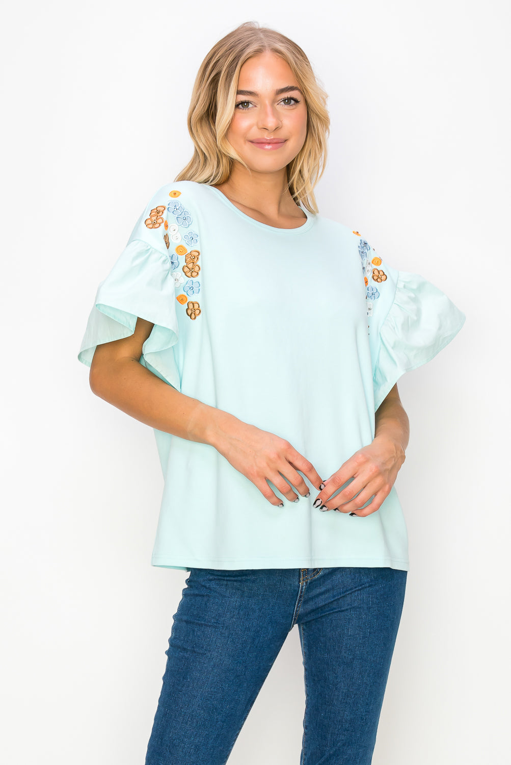 Rinnie Pointe Knit Top with Embroidered Flower Sparkles