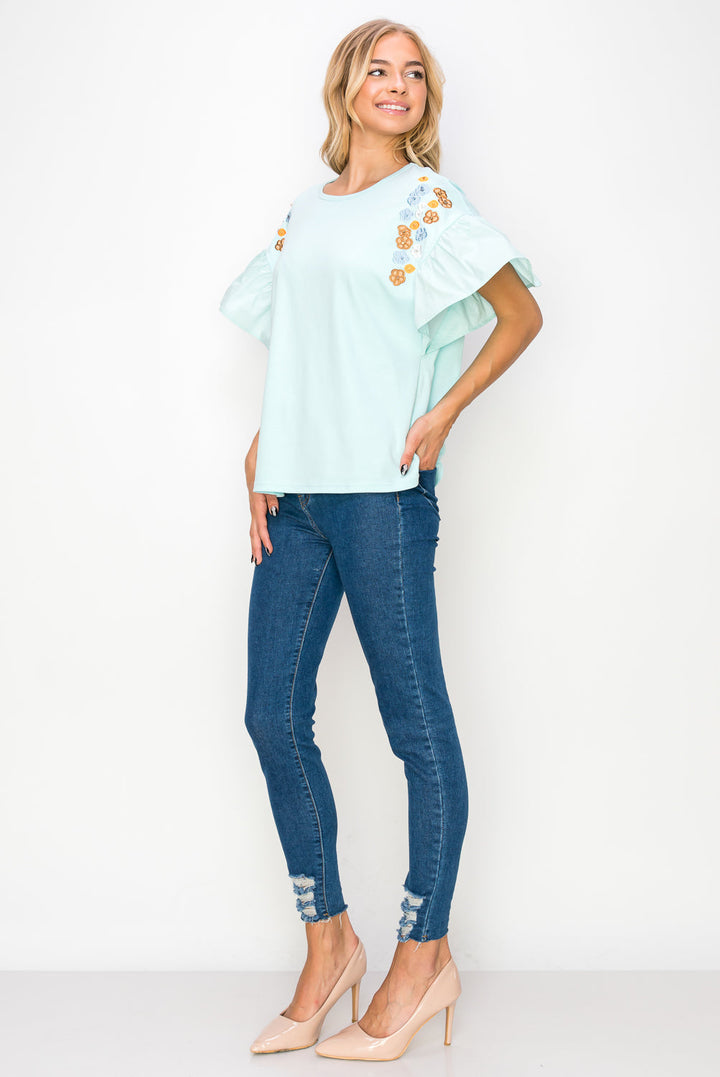 Rinnie Pointe Knit Top with Embroidered Flower Sparkles