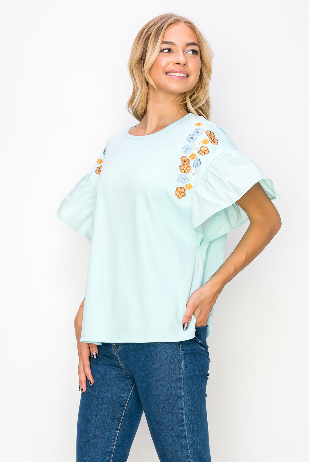 Rinnie Pointe Knit Top with Embroidered Flower Sparkles