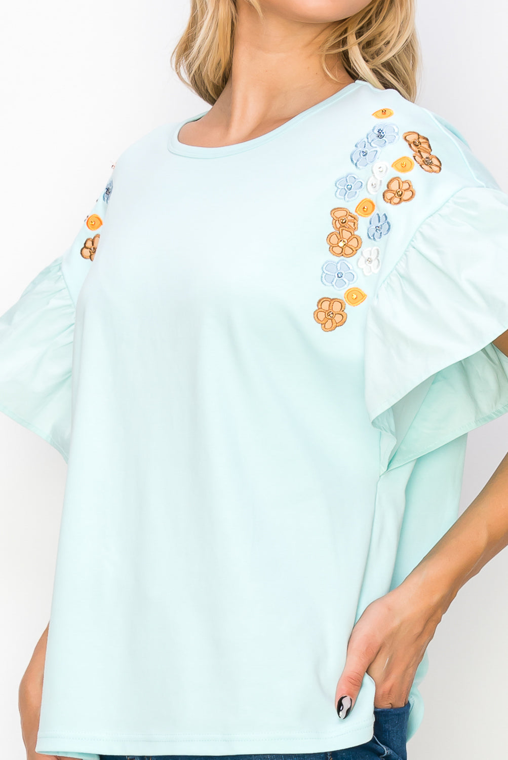 Rinnie Pointe Knit Top with Embroidered Flower Sparkles