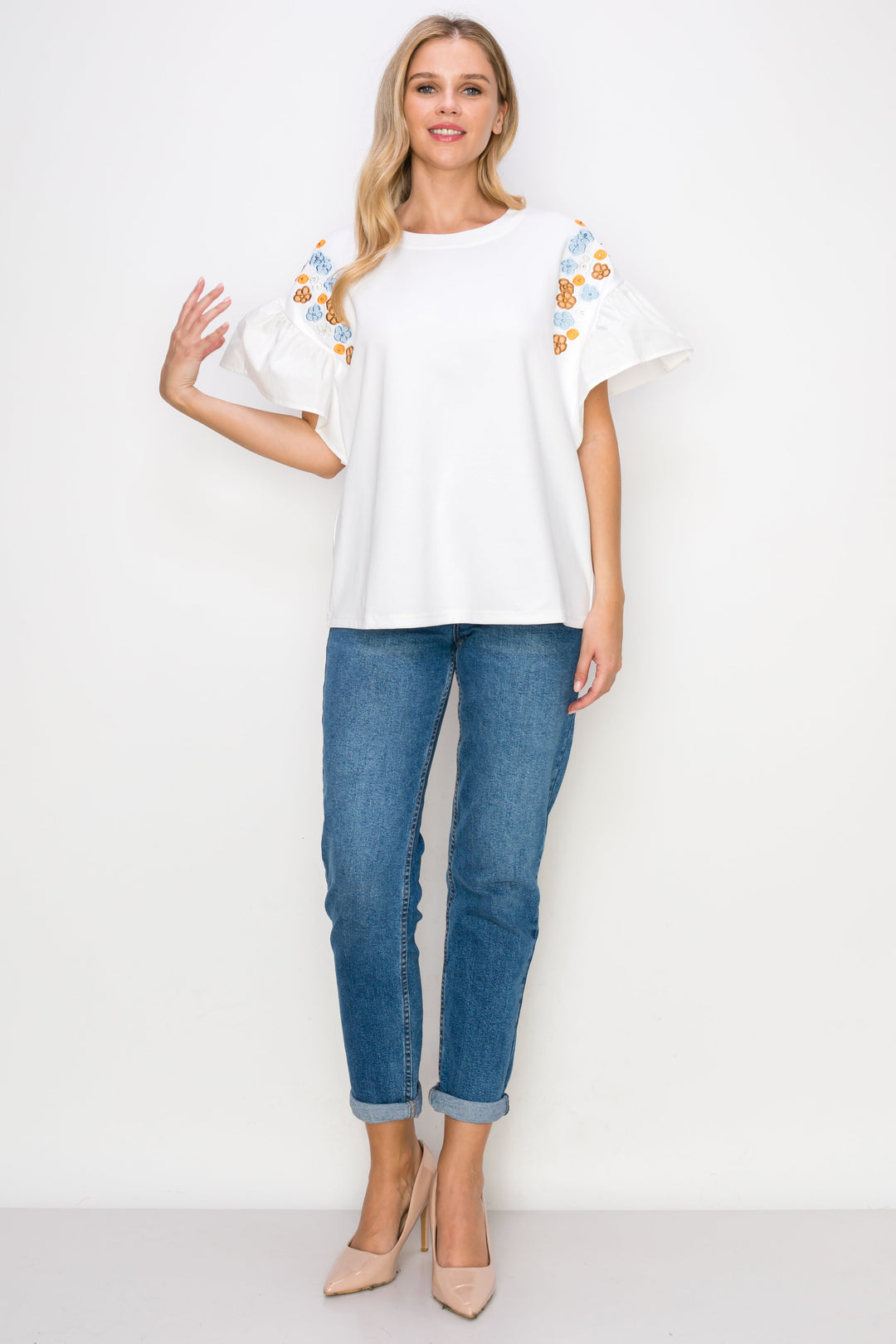 Rinnie Pointe Knit Top with Embroidered Flower Sparkles