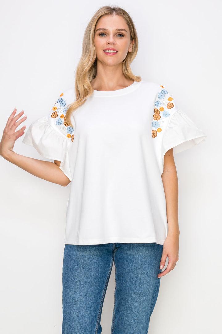 Rinnie Pointe Knit Top with Embroidered Flower Sparkles