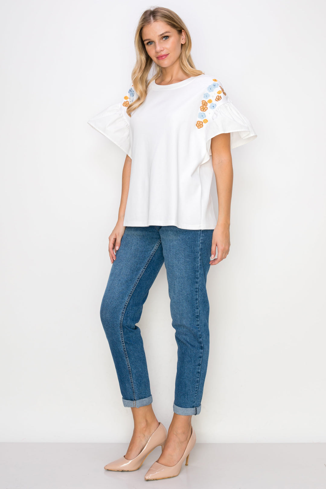 Rinnie Pointe Knit Top with Embroidered Flower Sparkles