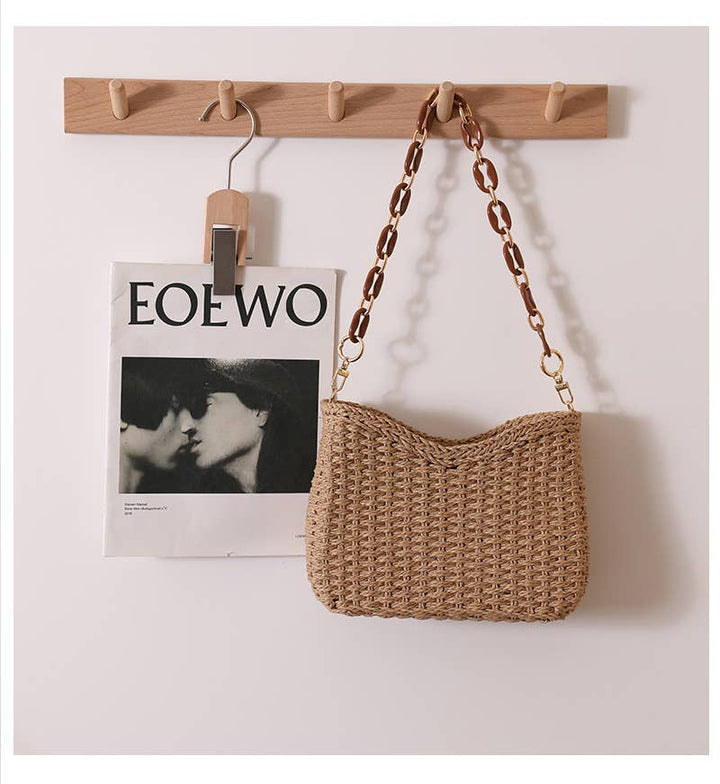 Solid Color Straw Bag Shoulder Beach Bag for Vacation: Khaki