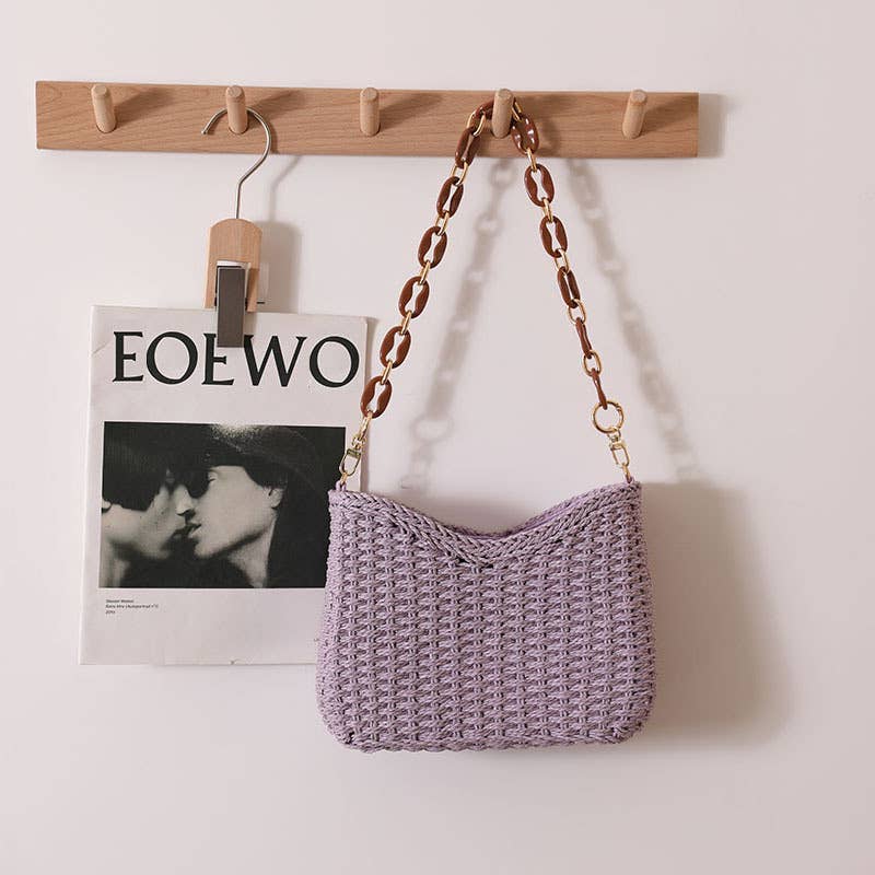 Solid Color Straw Bag Shoulder Beach Bag for Vacation: Khaki