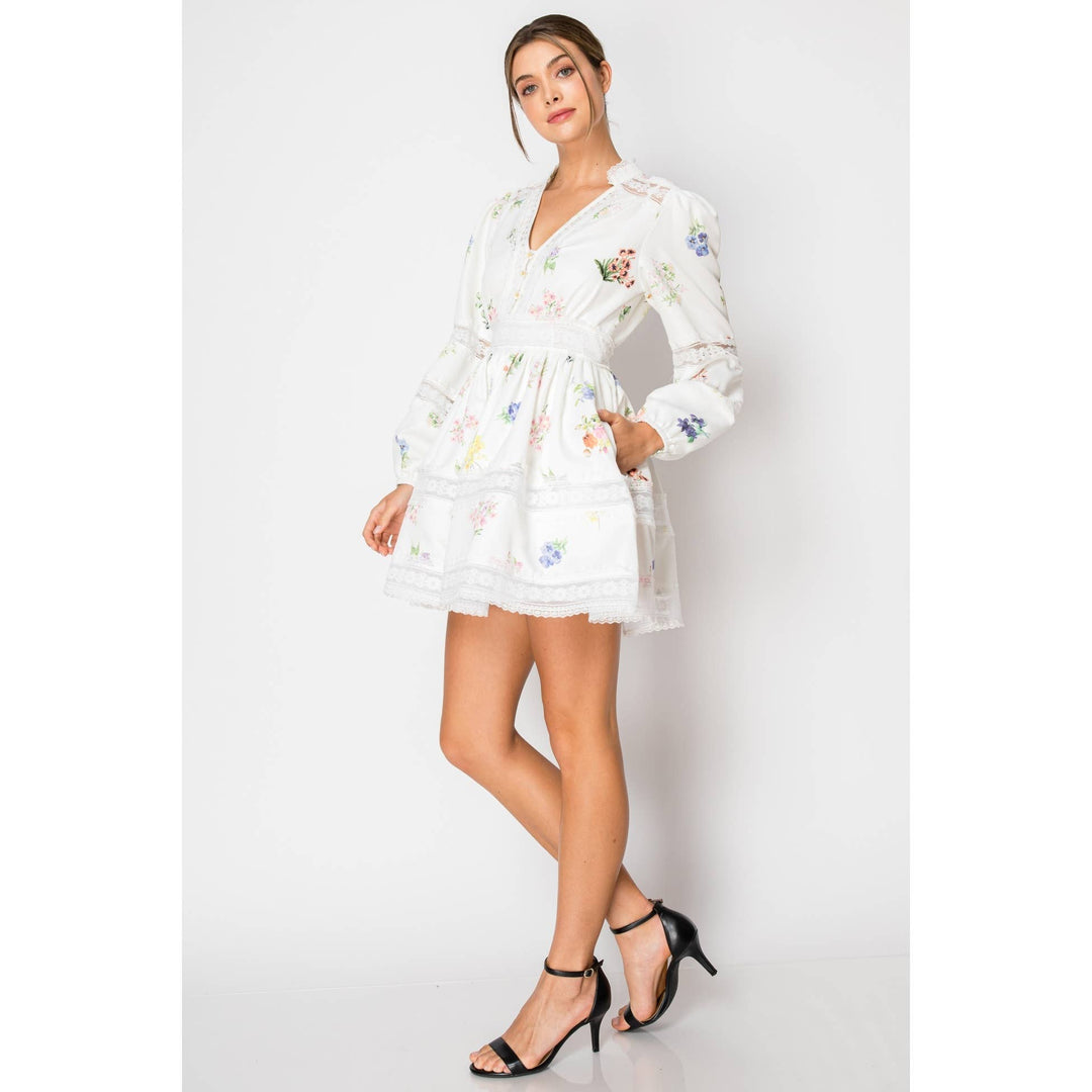 Long Sleeve Froral Print Lace Trim Mini Dress: WHITE / M