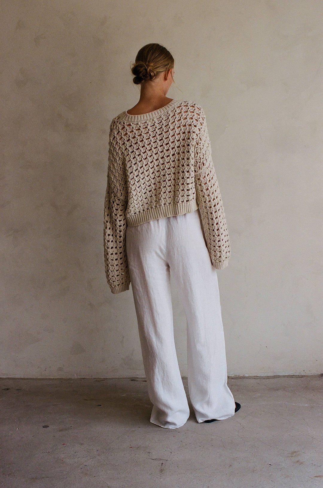 AW1047 | Knit Sweater Round Neck Long Sleeve Pullover Top: Natural / M