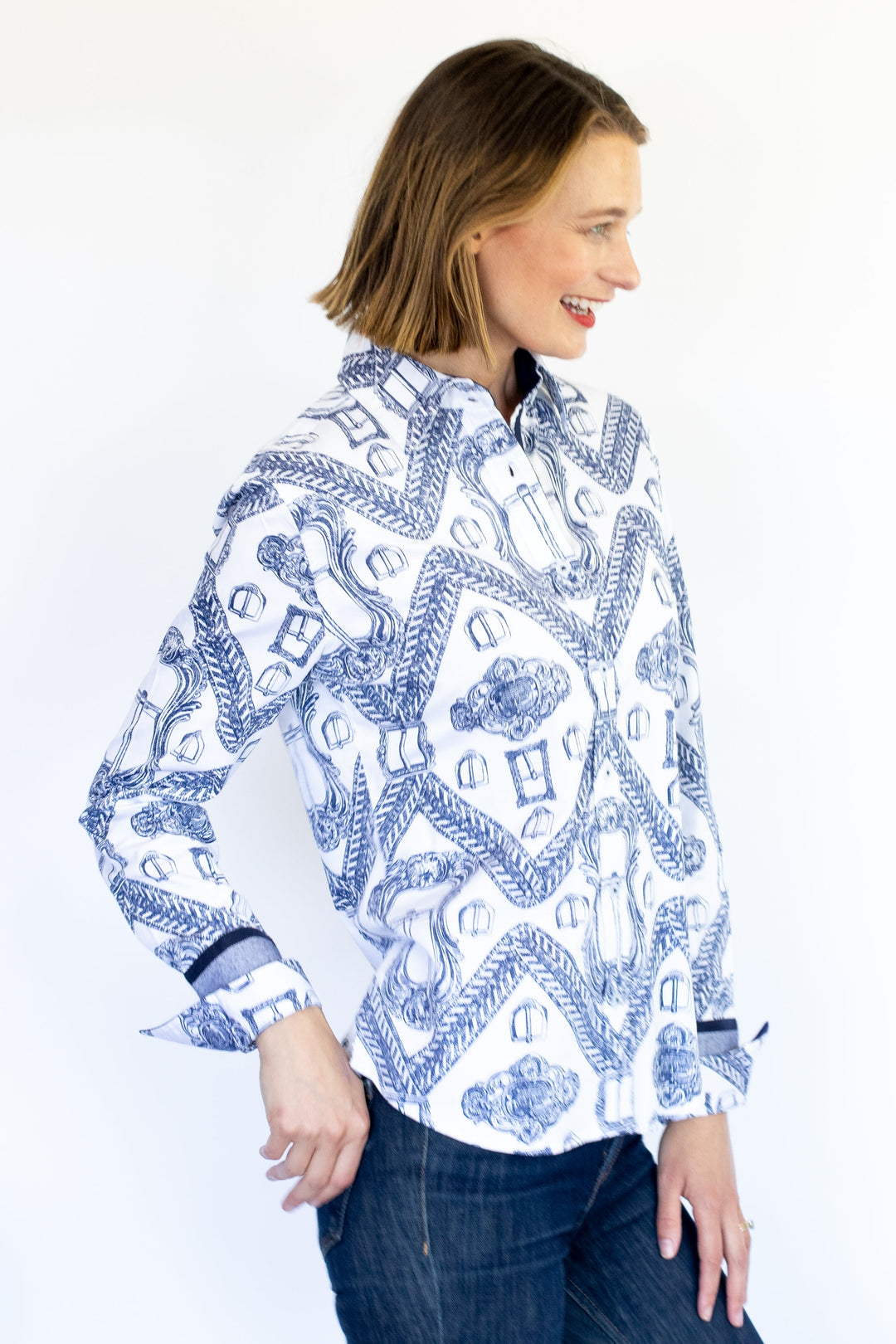 Rome Shirt Oversized Buckle Print Indigo and White