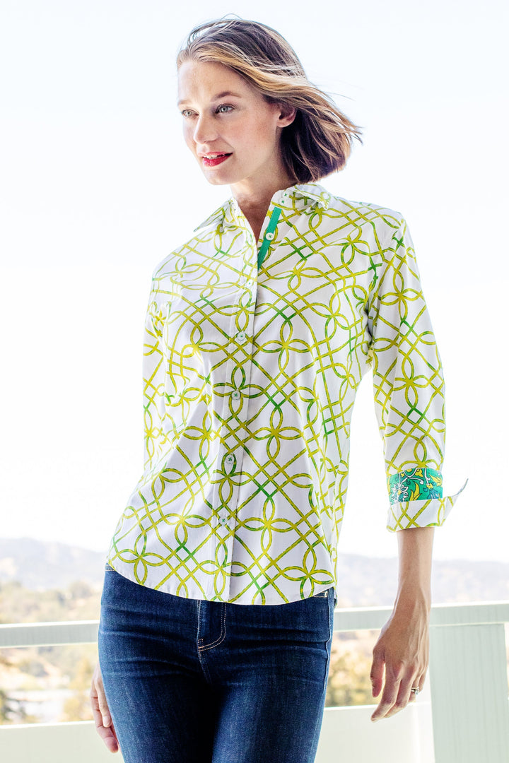 Rome Shirt with 3/4 Sleeve Green and White Geo